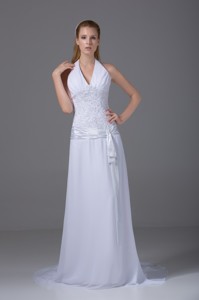 Column Halter Ruching and Appliques Wedding Dress with Chiffon 