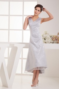V-neck Tea-length Silver Bridal Dress With Sequins Over Skirt