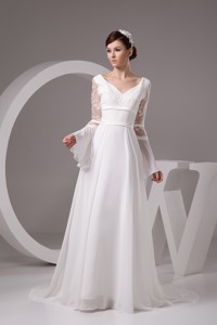 Column V-neck Flounced Long Sleeve White Bridal Dress with Embroidery 