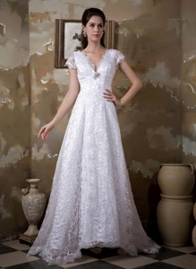 Luxurious V-neck Brush Train Satin And Lace Wedding Dress