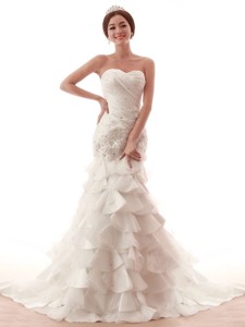Gorgeous Beading and Ruffles White Wedding Dress with Brush Train 