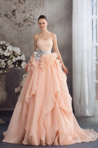 Baby Pink Strapless Ruffles Sash Court Train Wedding Dress
