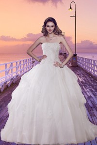 Beautiful Brush Train Ball Gown Wedding Dress with Appliques 