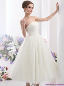 Cute White Strapless Wedding Dress With Ruching