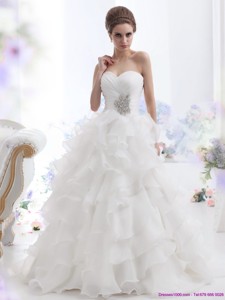 Pretty Beading And Ruffled Layers Brush Train Wedding Dress In White