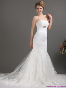 White Strapless Lace Wedding Dress With Beading And Brush Train