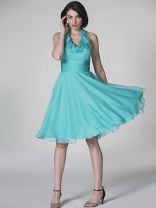 The Super Hot Halter Top Turquoise Prom Dress With Ruffles And Belt