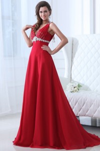 Empire V-neck Brush Train Beading Chiffon Spring Red Prom Dress
