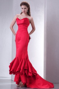 Coral Red Mermaid Sweetheart High-low Prom Dress with Ruffles
