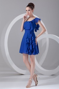 One Shoulder Blue Chiffon Mini-length Ruching Prom Dress