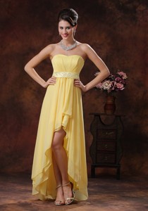 Nogales Arizona New Style Yellow High-low Prom Dress With Belt Decorate