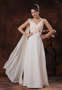 Champagne V-neck Watteat Train Chiffon Prom Dress With Beaded and Bow Decorate In Paradise Valley Ar