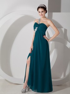 Simple Green Empire One Shoulder Prom Dress Chiffon Ruch and Appliques Floor-length