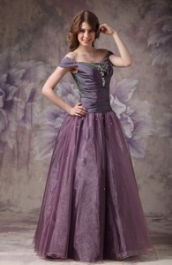 Elegant Dark Purple Off The Shoulder Prom Dress Taffeta And Organza Beading Floor-length