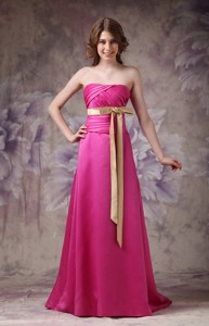 Hot Pink Column Strapless Brush Train Satin Ruch and Bows Prom Dress
