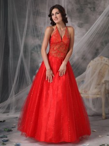 Unique Red Halter Prom Dress Tulle Beading And Appliques