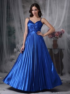 Custom Made Royal Blue Straps Evening Dress Elastic Woven Satin Ruch Floor-length