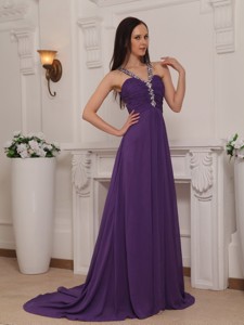 Purple Empire V-neck Brush Train Chiffon Beading and Ruch Prom / Pageant Dress