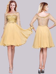 Modest See Through Chiffon Beaded Gold Prom Dress with 3/4-length Sleeves
