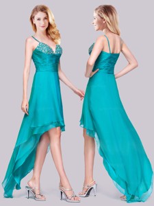 Classical High Low Beaded Bust Side Zipper Prom Dress in Teal