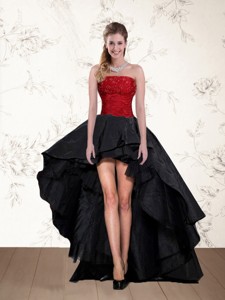 Cheap High Low Strapless Beaded Prom Dress In Red And Black