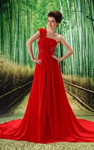 Custom Made Red One Shoulder Ruched Bodice Cantaura Prom Dress Beaded Decorate Bust In Formal Evenin
