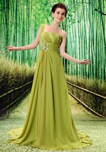 Custom Made Olive Green One Shoulder Appliques Clarines Prom Dress Beaded Decorate Bust In Formal Ev