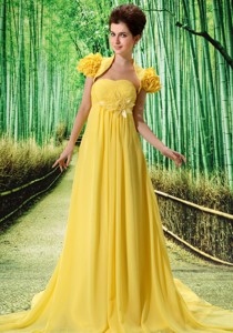 Custom Made Yellow El Chaparro Prom Dress Hand Made Flower And Ruch In Graduation