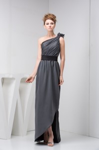 Asymmetrical Floor-length Ruched Grey Prom Graduation Dress