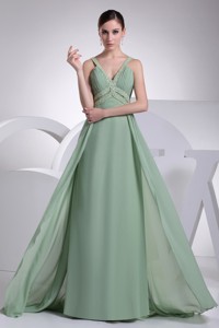 V-neck Beading Brush Train Apple Green Prom Dress