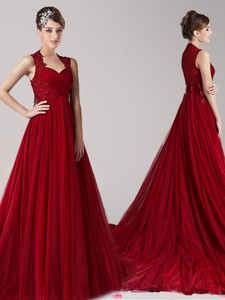 Classical Straps Applique Wine Red Prom Dress with Court Train