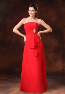 Strapless Red Empire Chiffon Prom Gowns Whit Beading Floor-length For Customize