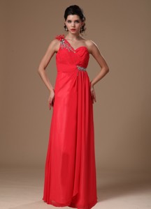 Coral Red One Shoulder Floor-length Empire Chiffon Beaded Decorate Shoulder Prom Dress Cust