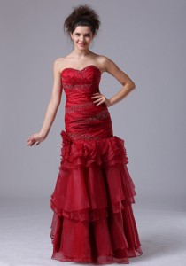 Mermaid Ruffles Red Sweetheart Organza Prom Dress With Beading