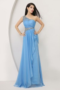 Discount Beaded Baby Blue Prom Dress With One Shoulder