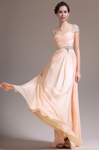 Suitable Empire Straps Beaded Prom Dress With Cap Sleeves