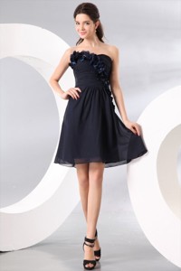 Navy Blue Strapless Hand Made Flowers Prom Dress