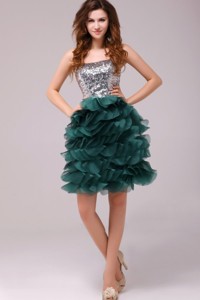 Turquoise Sequins And Ruffles Tulle Prom Dress