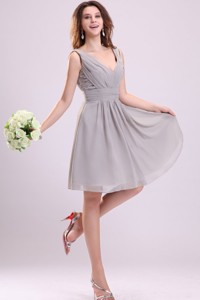 Empire Gray V-neck Ruching Chiffon Knee-length Prom Dress