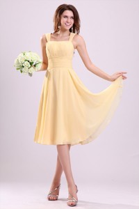 Simple Yellow Bridesmaid Dress With Straps Tea-length