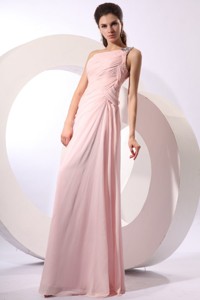 Baby Pink Empire One Shoulder Beaded Prom Dress with Ruches