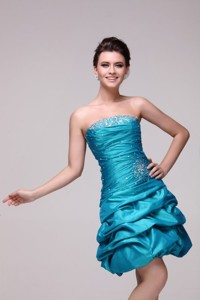 Blue Strapless Knee-length Beading Taffeta Prom Dress With Lace Up