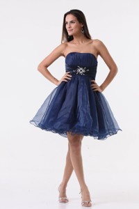 Strapless Navy Blue Beading Ruching Organza Prom Dress