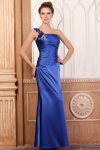 Royal Blue Column One Shoulder Prom Dress with Beading and Flowers