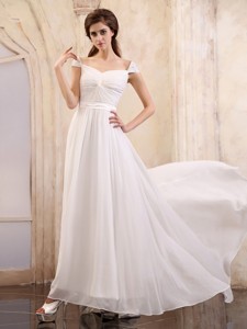 Empire Square Wedding Dress With Cap Sleeves And Brush Train Chiffon