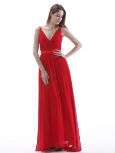 V-neck Red Prom Dress With Ruch Floor-length Chiffon