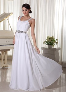 Beaded Decorate Straps and Waist White Chiffon Empire Prom Dress For Foramal Evening