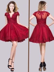 New Deep V Neckline See Through Back Applique Prom Dress in Wine Red
