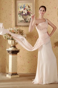Baby Pink Column One Shoulder Watteau Train Chiffon Beading and Ruch Prom / Graduation Dress