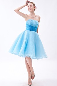 Baby Blue Strapless Knee-length Organza Ruch Bridesmaid Dress